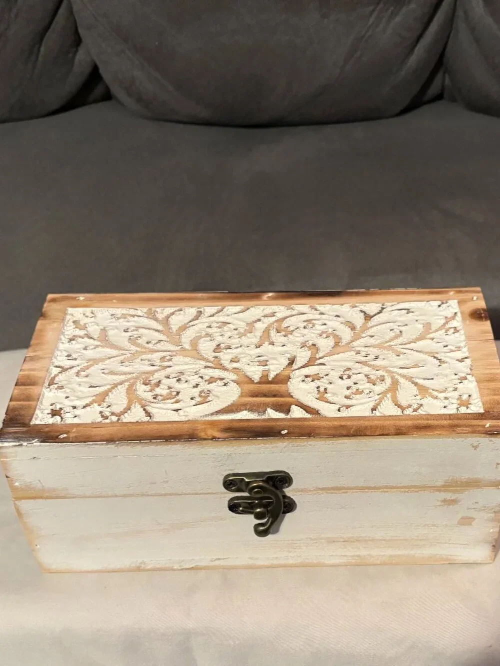 Carved Mango Wooden Box-Rustic Farmhouse w/ Hinged Lid-Whitewashed-8